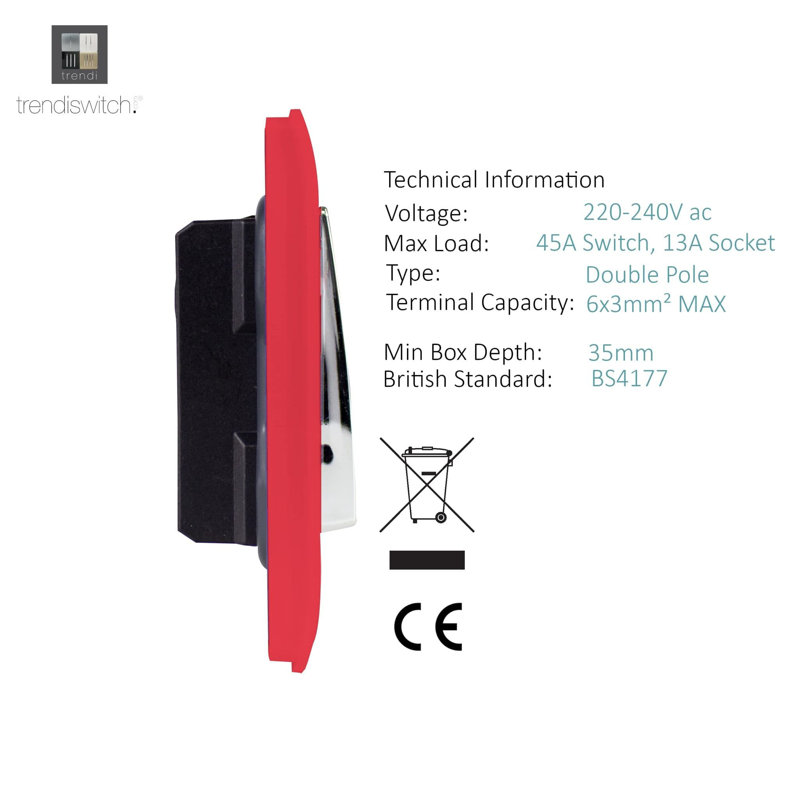 Trendi Switch 45 Amp Cooker Switch & 13 Amp Plug Socket with Neon, Strawberry