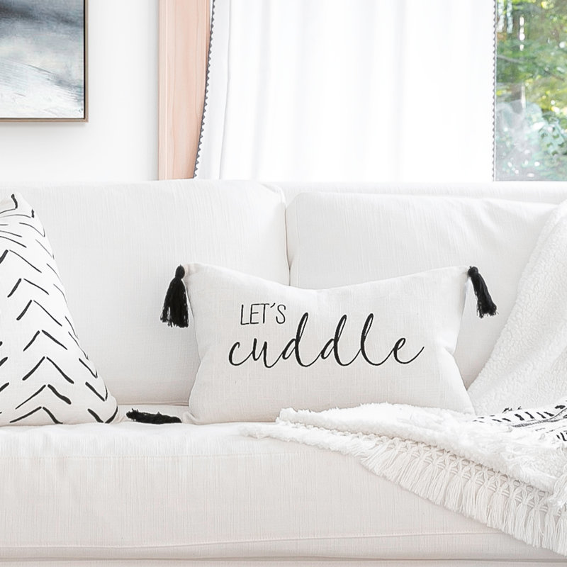 Let's Cuddle Embroidered Off-White Cotton Throw Pillow