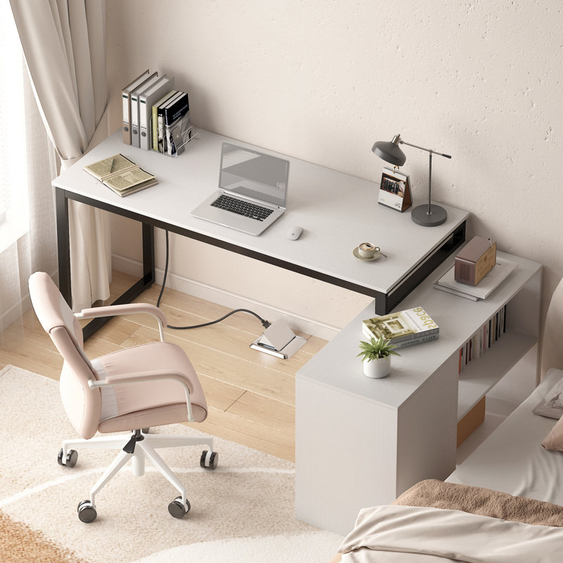 Manahan Modular L-Shaped Steel Computer Desk with Built-In Electrical Outlet