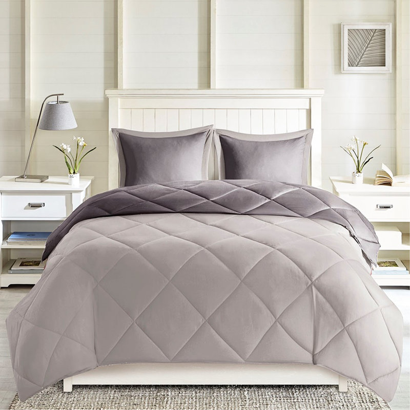 Édredon simple / simple TG avec duvet synthétique doux et moelleux, Édredon simple TG + 2 taies d'oreiller, Gris