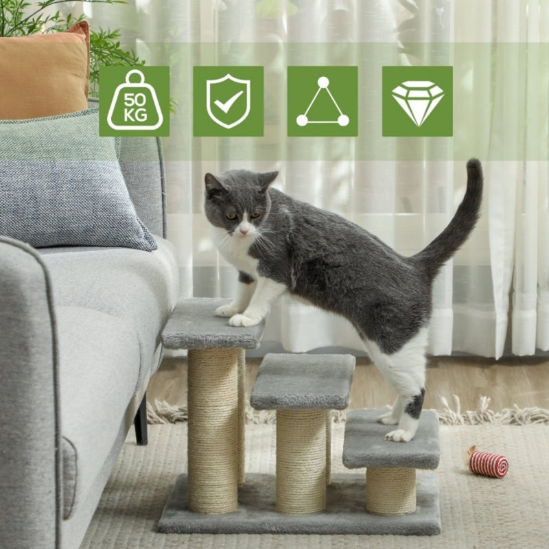 3-Step Pet Stairs Ladder, Cat & Dog Climb Steps with Cat Tree Design, Grey