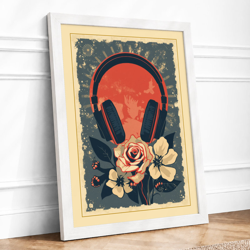 Headphones and Blooms Retro - Framed Print, A2 - 59.4 x 42.0 cm, White