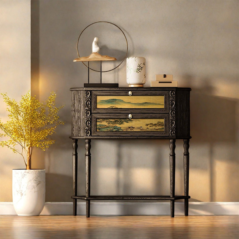 Pine Wood Cabinet with Two Drawers
