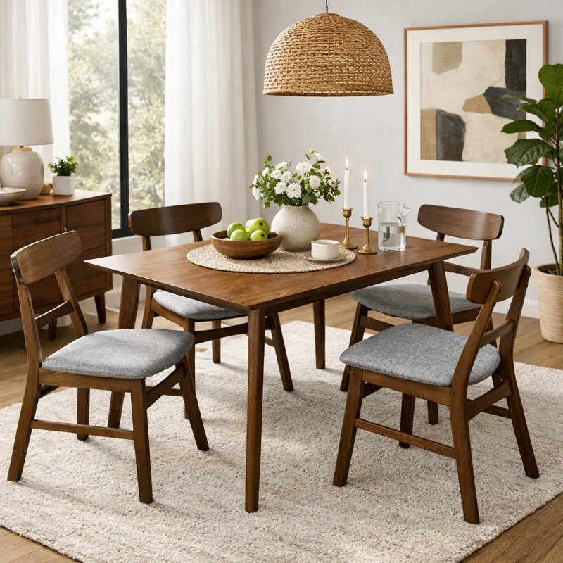 Charlette 5-Piece Dining Set with Rubberwood Table & 4 Curved Back Chairs
