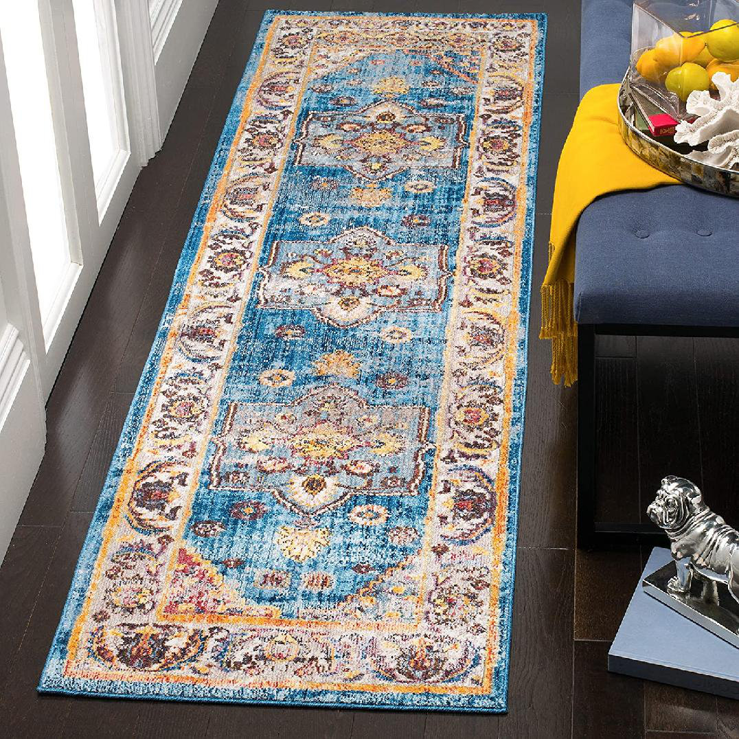 Bungalow Rose Oriental Machine Made Braided Area Rug In Blue Ivory 