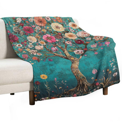 Blooming Floral Tree Teal Background Luxury Flannel Throw Blanket, Soft Warm Fuzzy Blanket for Living Room Sofa Bed Home Decor