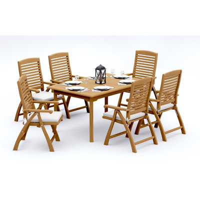 7 Pcs Grade-A Teak Wood Dining Set: 60" Rectangle Table And 6 Ashely Folding Reclining Arm Chairs #11AS1306