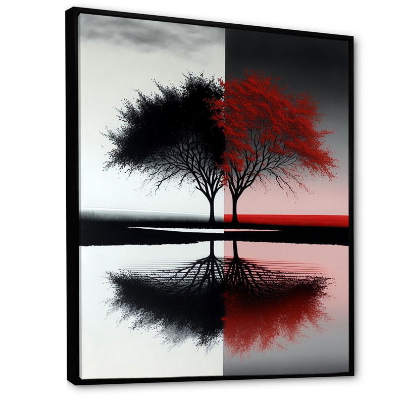 Arbres abstraits rouges et noirs au bord du lac - forêt, art mural, H 40 po x l 30 po x P 1,5 po, Cadre flottant noir