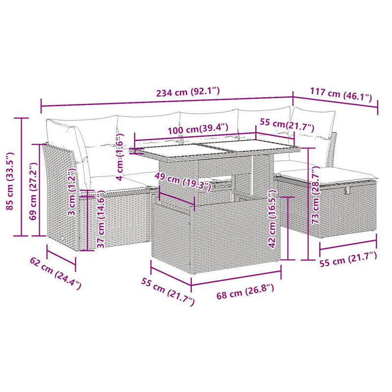 Vidaxl Garden Sofa Set PE Rattan Powder-Coated Steel Tempered Glass