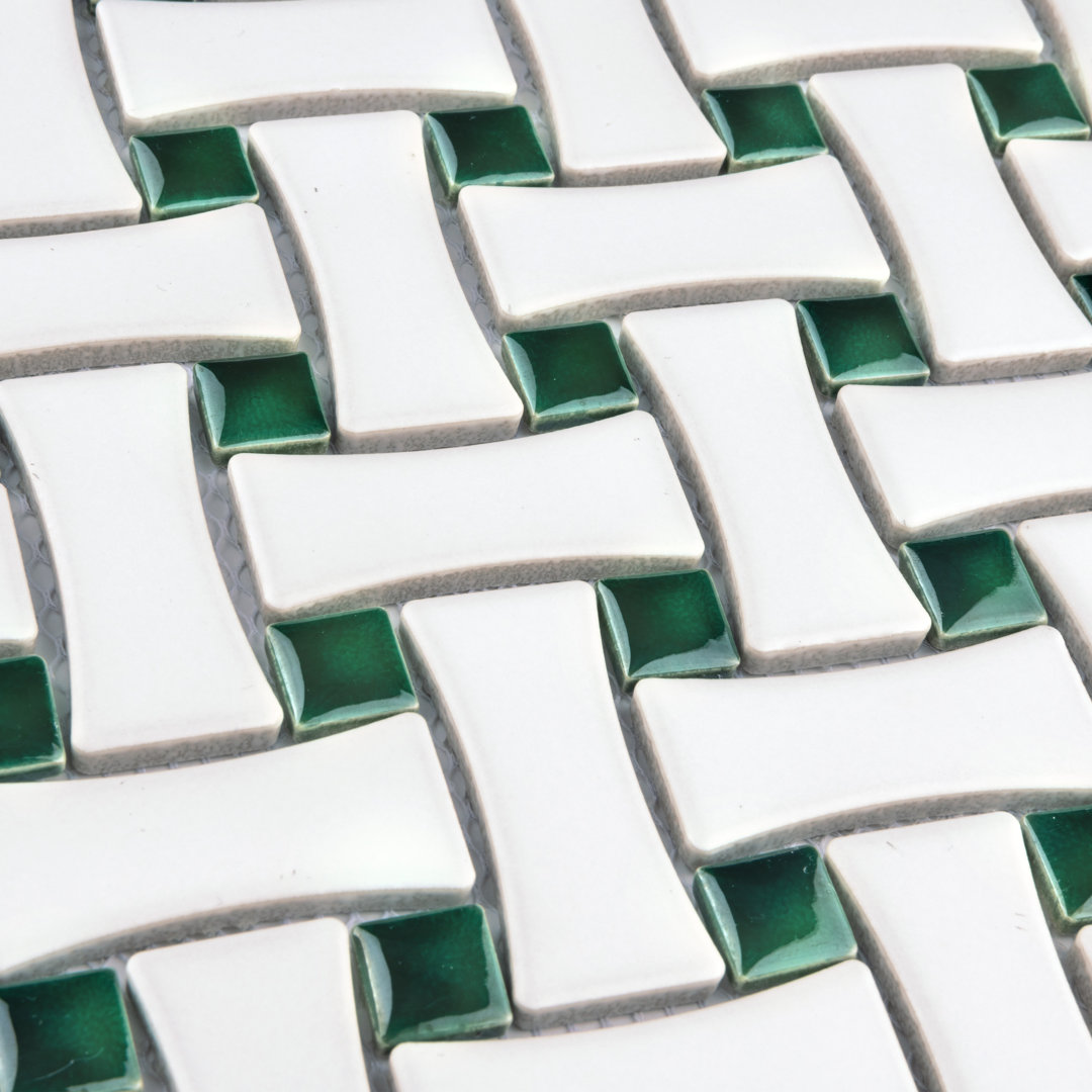 Metro Ion Dog Bone Basketweave Emerald Dot Matte White 10" x 10" Porcelain Mosaic Floor & Wall Tile Merola Tile