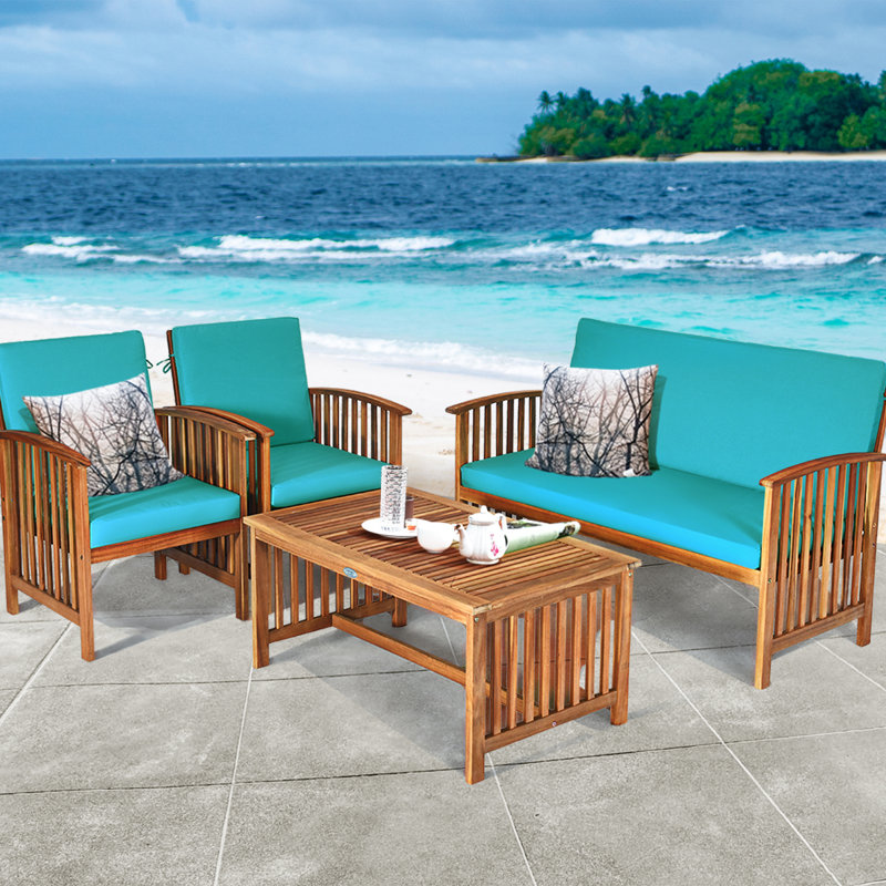 Jonanthan 4pcs Patio Solid Wood Furniture Set Conversation With Coffee Table And Cushion, Turquoise