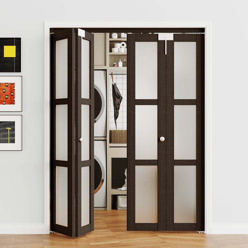 Mocha Color 3-Lite Frosted Glass Solid Manufactured Wood Prefinished Bi-Fold Door With Door Lock, 72" x 79"