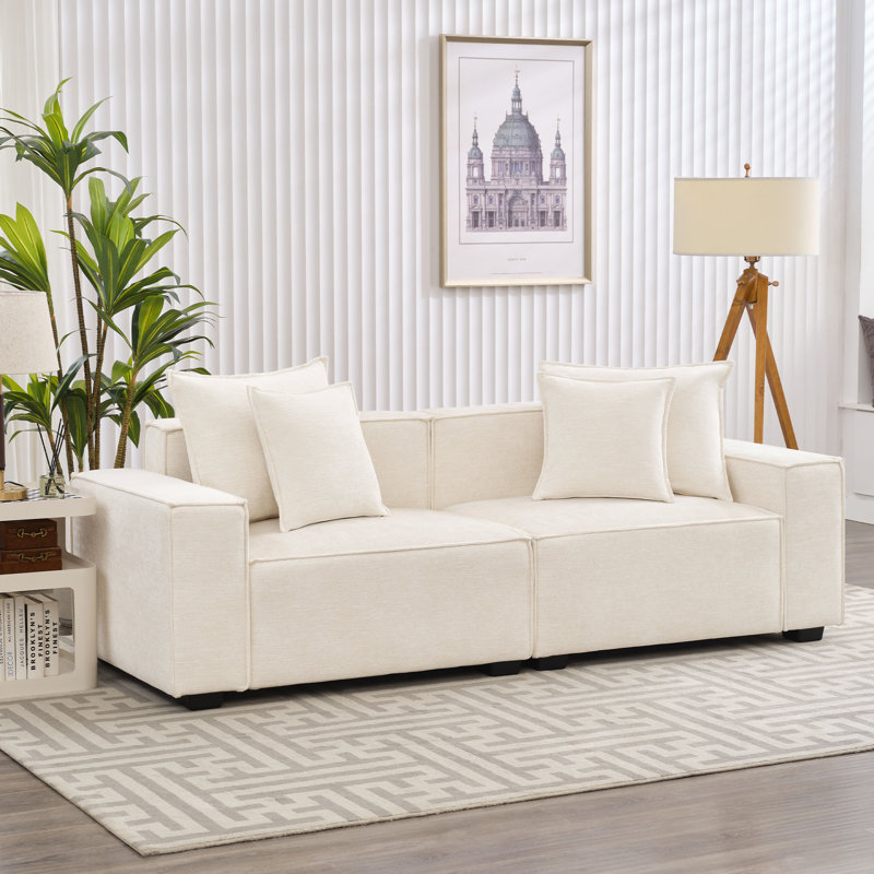 Makassar 89.37'' Sofa with Square Armrests, Beige Chenille