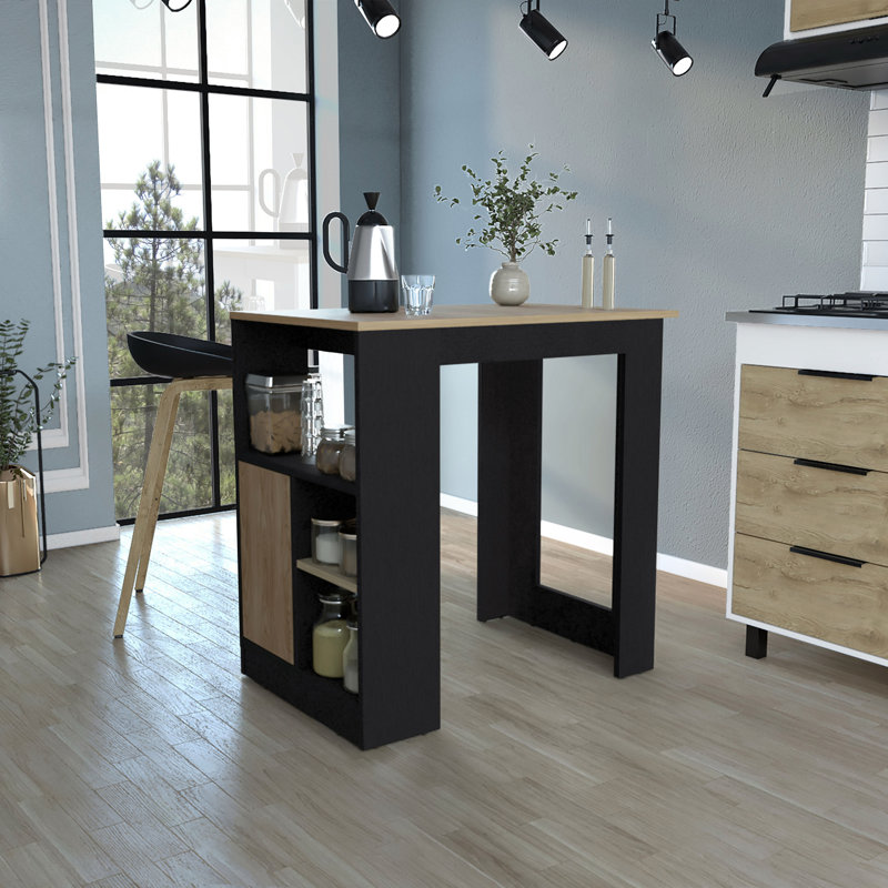 Îlot de cuisine H 36 po, trois tablettes de rangement latérales ouvertes et une armoire à pousser, chêne naturel, Noir