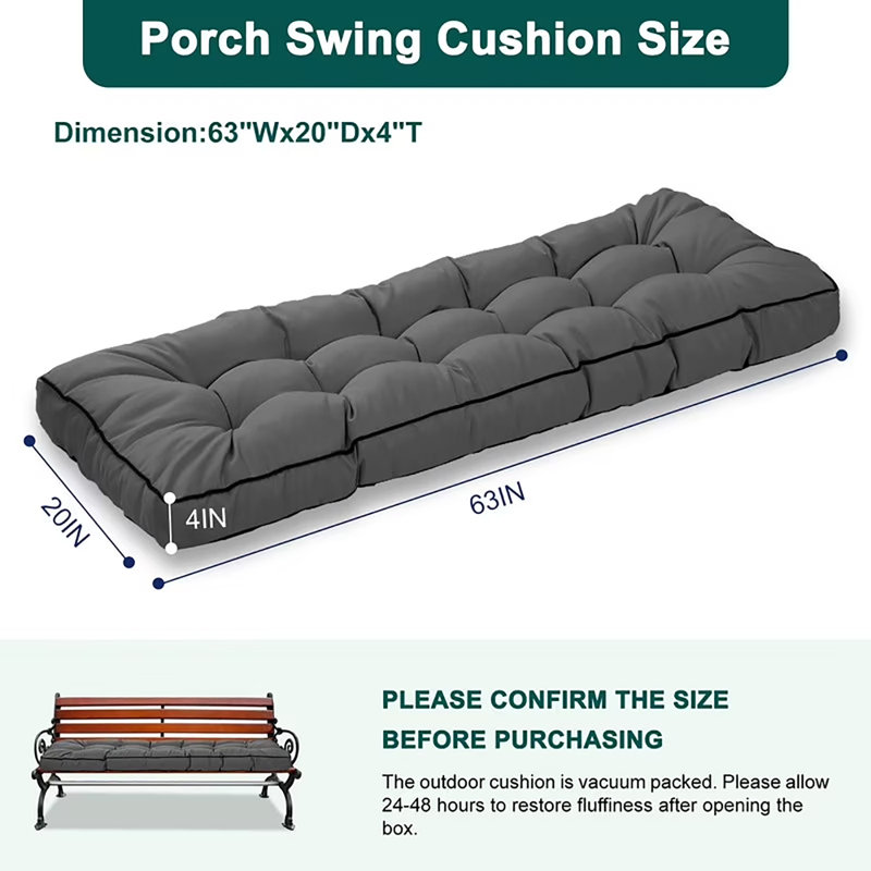 Outdoor 4'' Thick Bench Seat Cushion, 63*20In Waterproof Bench Seat Cushion Replacement, Dark Gray