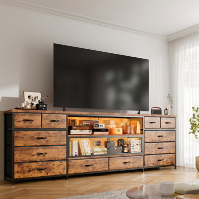 71"w Modern Tv Stand With 14 Drawers, Led Lighting & Built-in Power Outlets For 65/75/80 Inch Tvs, Fabric Storage Dresser With Mesh Door Compartments