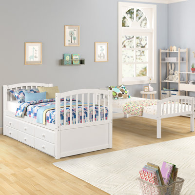 Lit simple superposé avec échelle, barrière de sécurité, lit gigogne simple avec 3 - 79,5 pouces x 42,4 pouces x 68 pouces - Bois massif - Lit superposé - Blanc - avec lit gigogne et échelle
