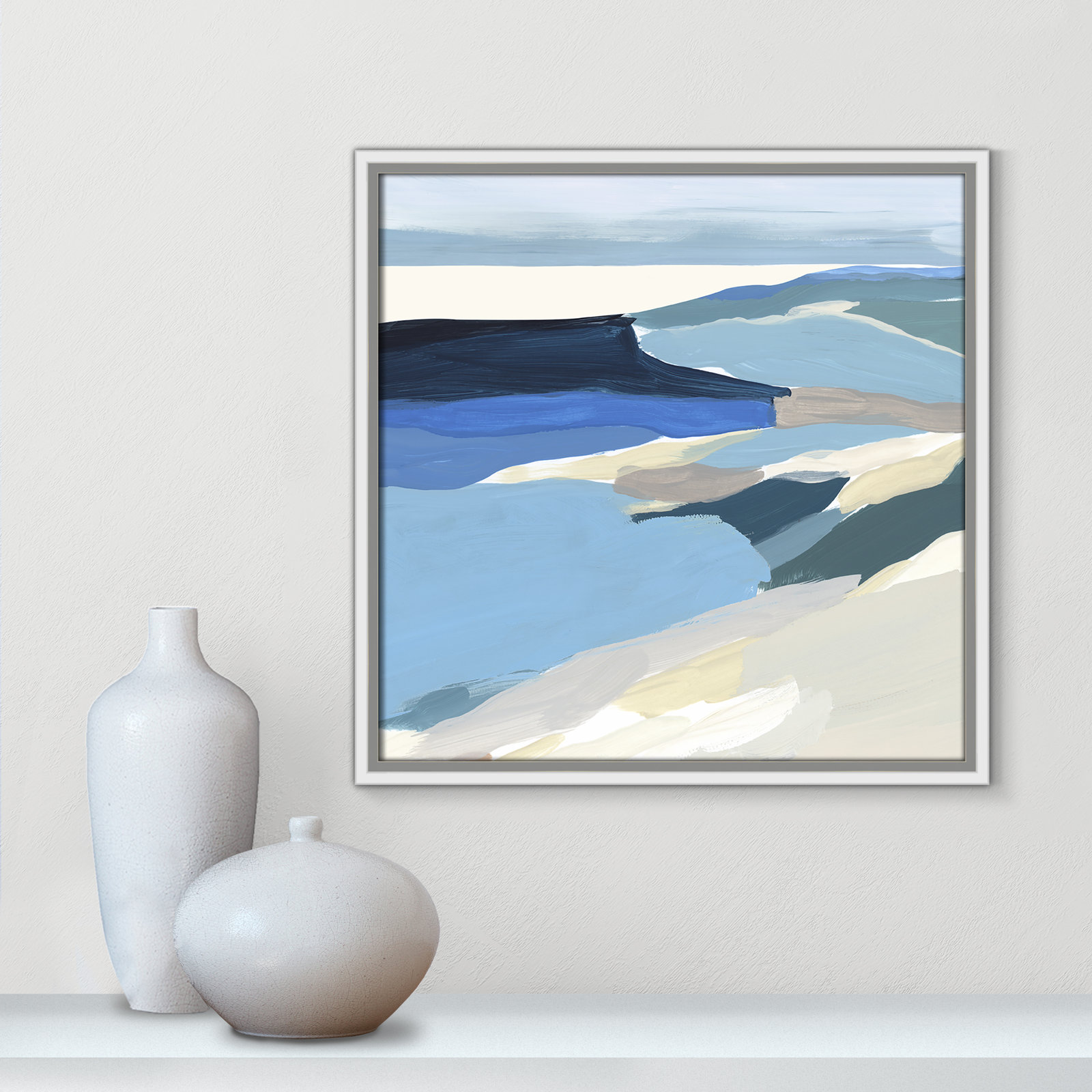 Decker "Graham Lake II" Painting, White Framed Canvas, 17.5" H x 17.5" W x 2" D