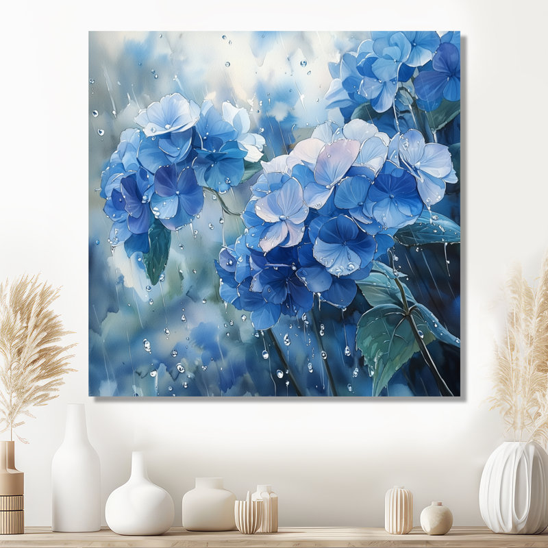 Hortensias sous la pluie printanière II - hydrangées, art en métal, H 29,5 po x l 29,5 po