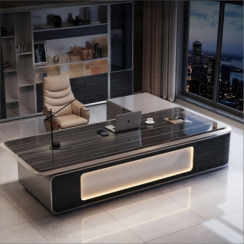 Bureau de direction 108,66 po en ébène de luxe moderne avec cabinet d'appoint, H 29,5 po x l 108,7 po x P 41,3 po