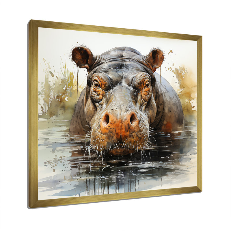 Hippopotame gris et gris, H 16 po x l 16 po x P 1 po, Cadre doré simple