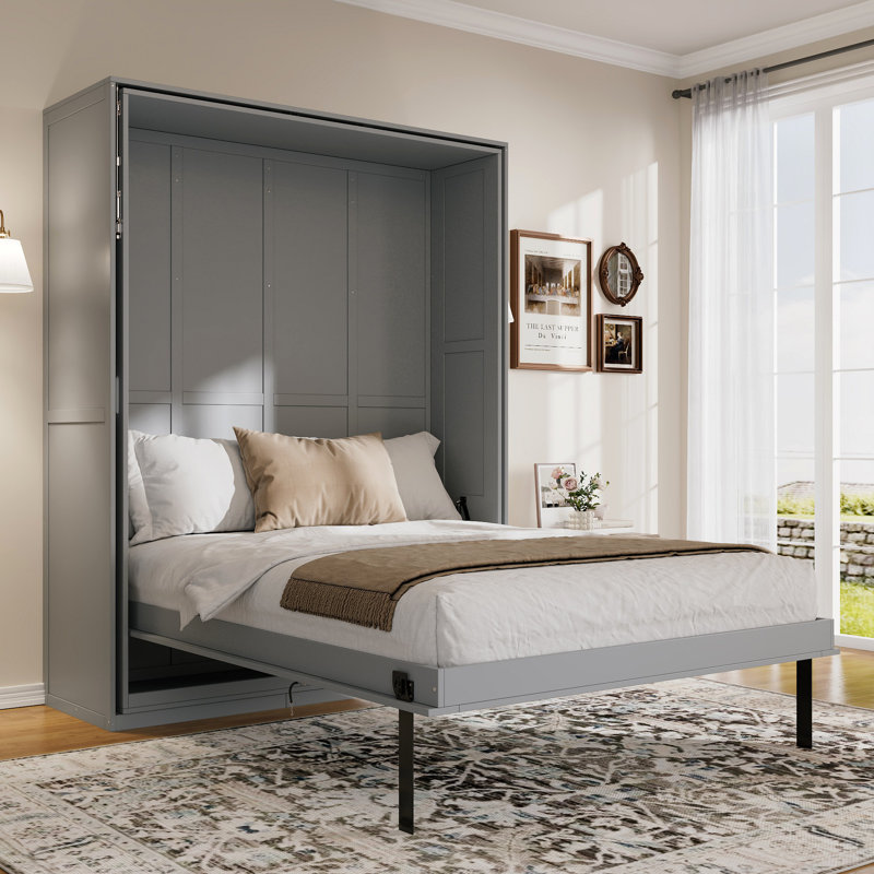Rotating Murphy Bed With Hidden Storage Racks, Space-Saving Multifunctional Wall Bed, Gray