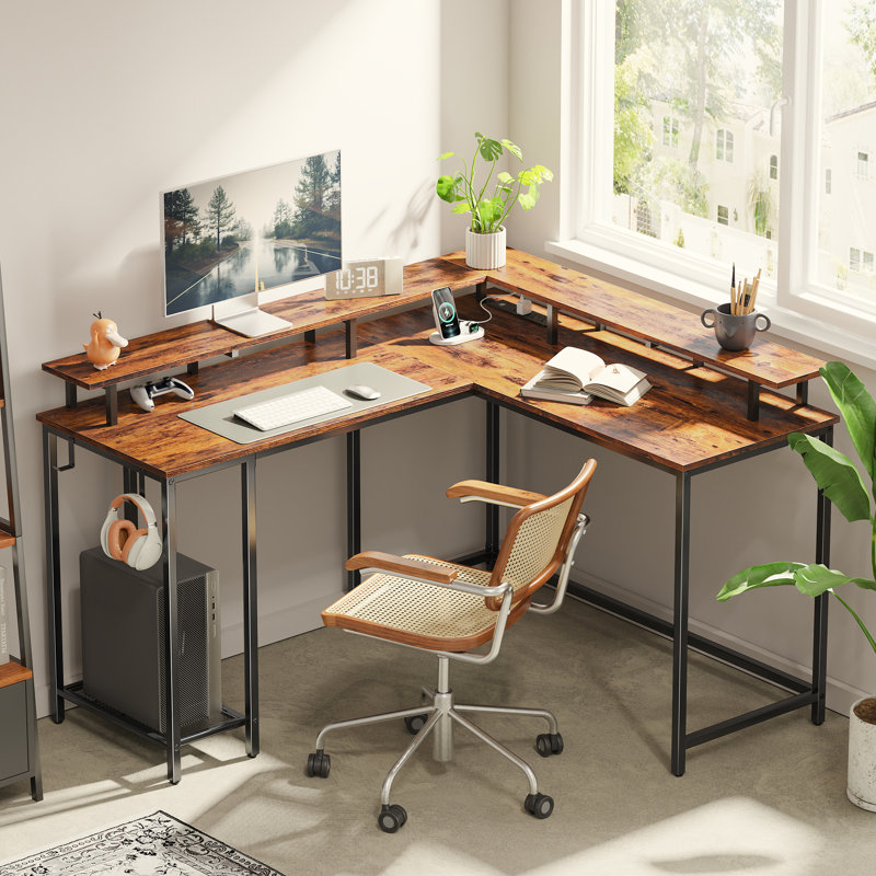 Kamai 54" L Shaped Computer Desk for Home Office Gaming Desk with LED Built-in Outlets with Storage Shelf, Rustic Brown/Black
