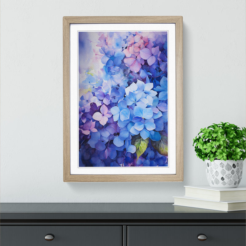 Hydrangea Action Painting Art - Framed Print, 46cm H x 34cm W x 2cm D, Oak