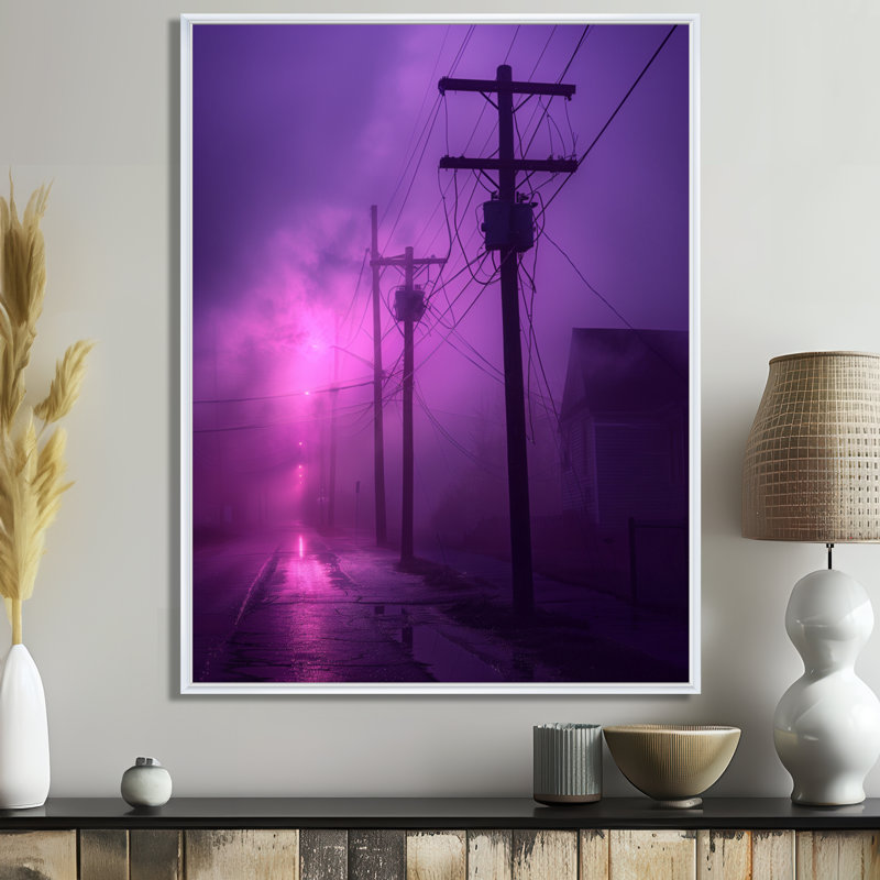 Éclipse électrique mauve, lignes électriques Photo I - salon d'art mural électrique, H 30 po x l 40 po, Cadre flottant blanc