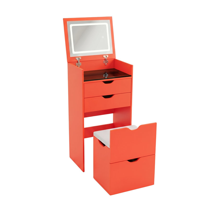 Coiffeuse 3 en 1 avec miroir rabattable et lumières, bureau de maquillage compact avec tabouret caché et tiroirs de rangement, orange