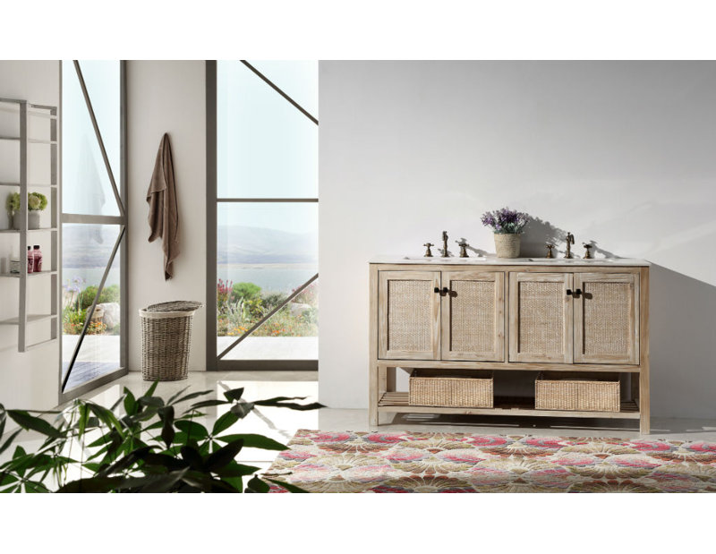 60'' White Wash Fir Wood Double Bathroom Vanity with Marble Top