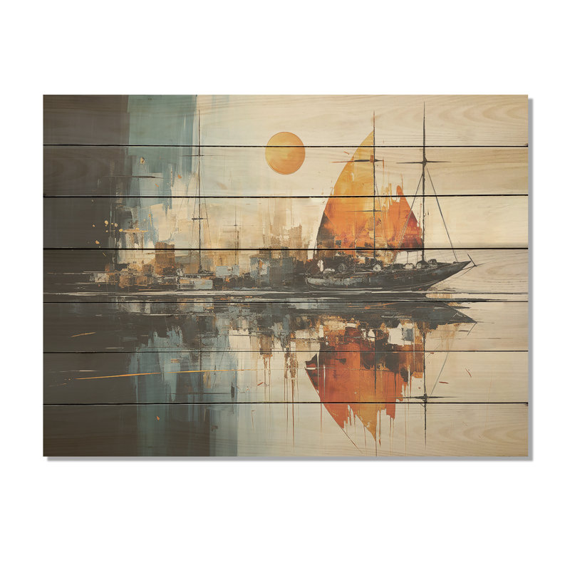 «Moonlight Saiboat Collage Horizon III» - Bateau à voile sur bois, H 34 po x l 44 po