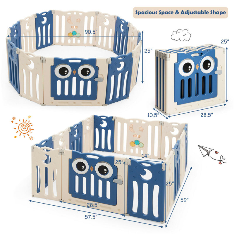 Gymax Blue and Beige Foldable Baby Playpen with Lock Door