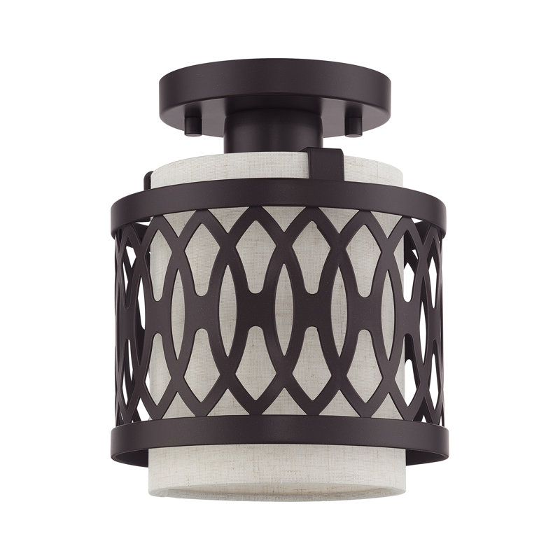 1 Light English Bronze Semi-Flush With Hand Crafted Oatmeal Color Fabric Hardback Shade, English Bronze