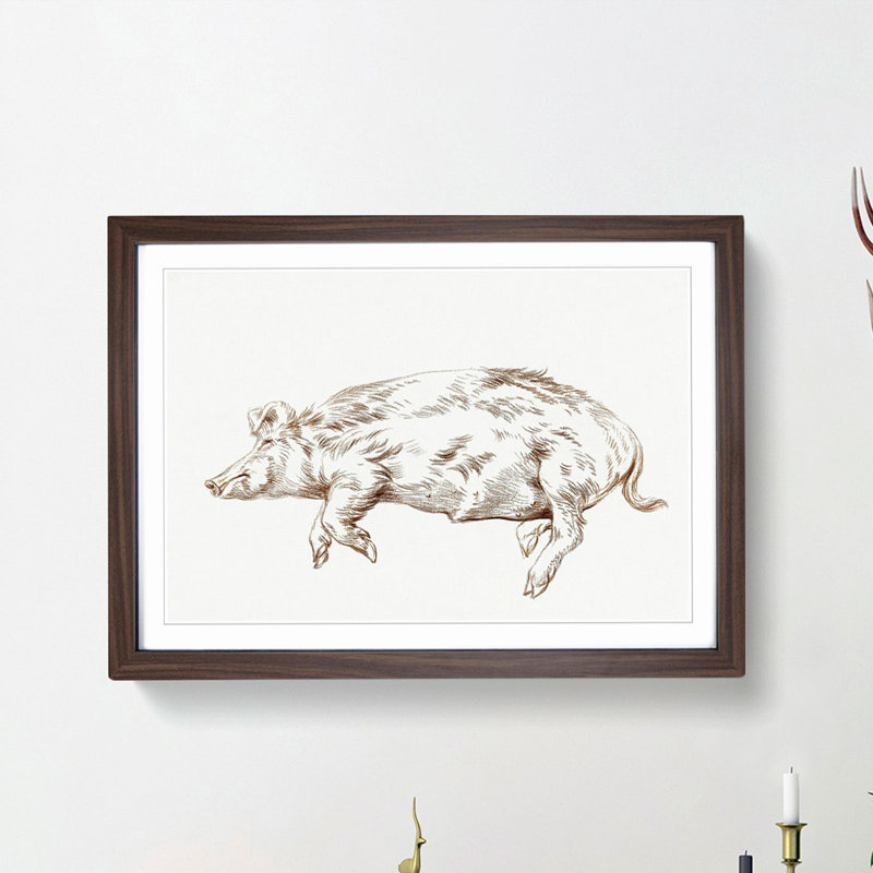 Resting Pig by Jean Bernard - Picture Frame Drawing Print, 48cm H x 65cm W x 2cm D, Walnut Framed