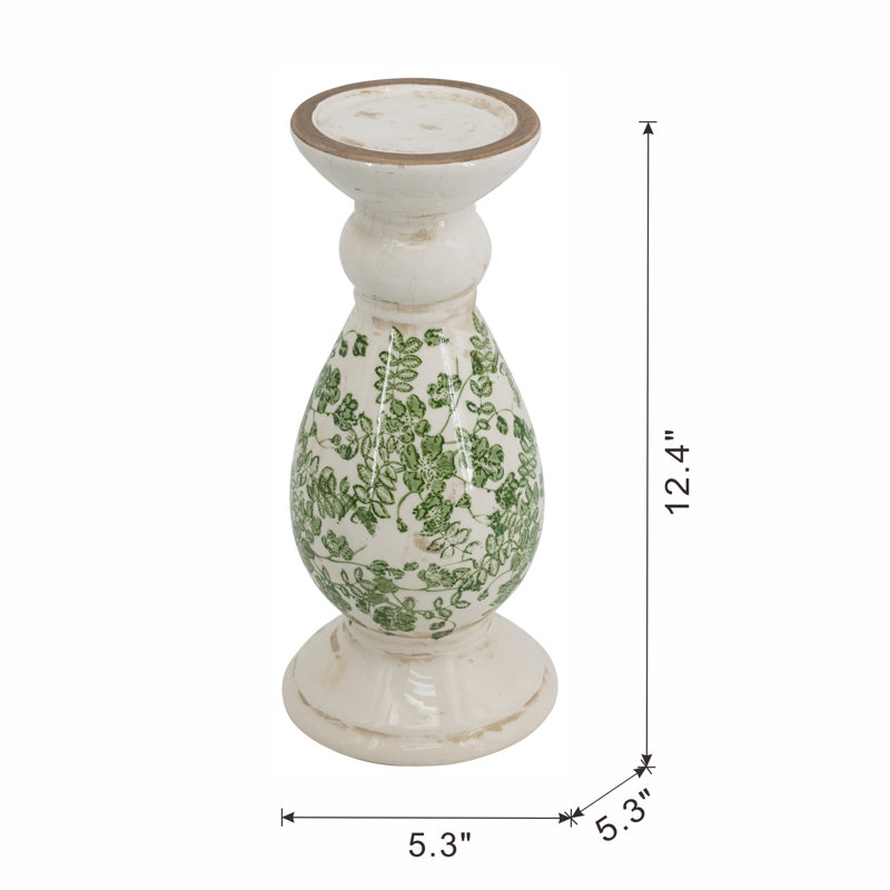 Bougeoir en céramique blanc avec motifs floraux verts, H 12,4 po x l 5,3 po x P 5,3 po