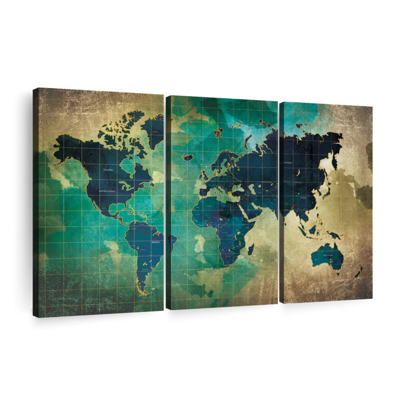 «World Map Aged World Map XXXVII», reproduction sur toile 3 pièces par Tess P, H 20 po x l 33 po x P 1,25 po