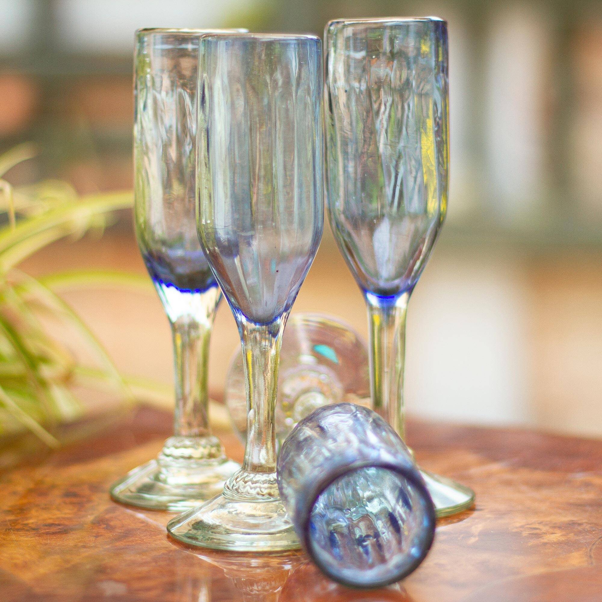 Set of 6 Handblown Recycled Glass Champagne Flutes in Yellow - Yellow  Strokes