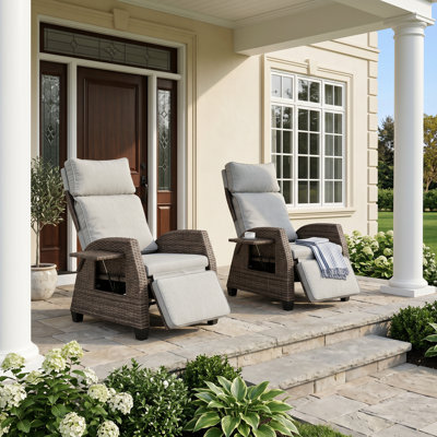 Ensemble de chaises longues inclinables d'extérieur 2 pièces avec tables d'appoint et coussins