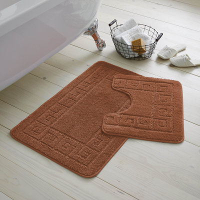 2 Piece Bathroom Rug Set Greek Key Pattern Bath Mat & Pedestal Mat Non Slip Rubber Back Soft Absorbent Mats