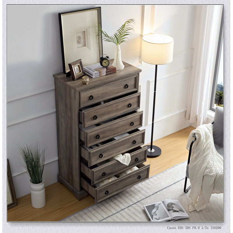 Commode moderne à 6 tiroirs, commodes pour la chambre à coucher, grands commodes, Gris délavé