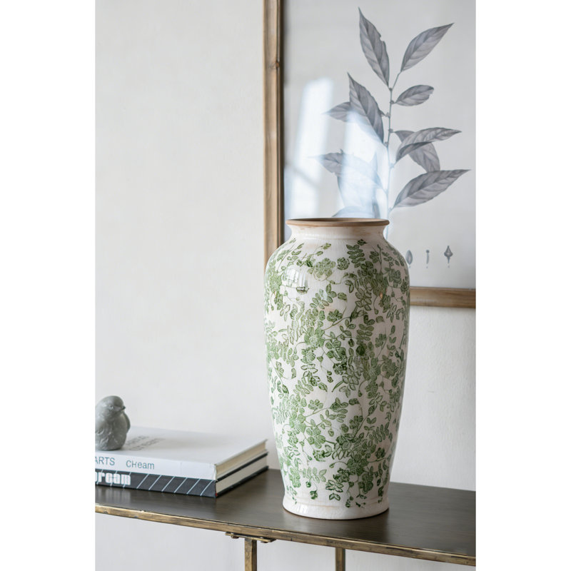 Vase à fleurs en céramique blanche avec motif floral vert, 14.6"