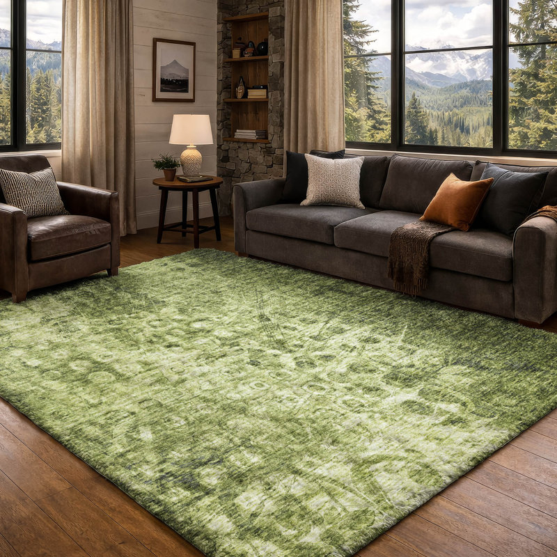 Tapis Ikat ADS577 de qualité supérieure lavable à la machine, Olive, 9' x 12'