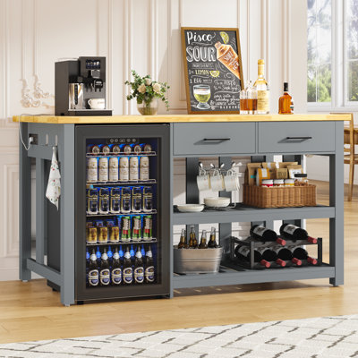 60"Solid Wood Kitchen Island with Storage and Power Outlets, Extra Large Solid Wood Tabletop with Fridge Space,  2 Drawers  for Kitchen Dining Room, Farmhouse Style