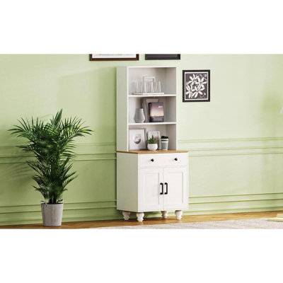 ON-TREND Farmhouse Storage Cabinet With 4 Solid Wood Gourd-Shaped Legs, Modern Kitchen Pantry Cabinet With Adjustable Shelves, 5 Tier Bookshelf With Drawer For Living Room