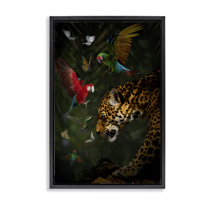Toile flottante encadrée «Jungle Brawl Animals» par Reinders, Cadre flottant noir de jais, H 31 po x l 21 po