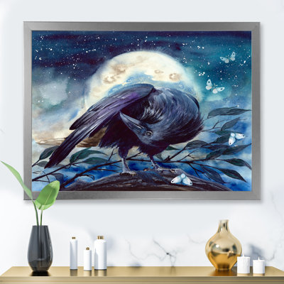 Raven sur une branche d'arbre avec lune brillante - reproduction sur toile