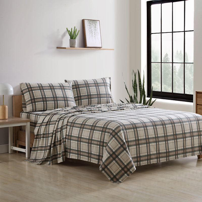 Ensemble de draps 100% coton 200 fils, Ensemble de draps pour lit double avec 2 taies d'o, Motif écossais Edgewood