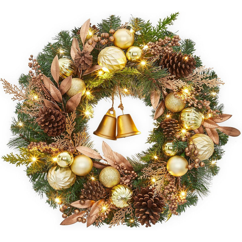 Couronne de Noël pré-éclairée 24 po pour porte d'entrée, couronne de Noël artificielle avec lumières