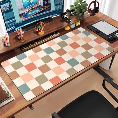 Boho Checker Desk Mat Beige Checkerboard Mouse Pad Large Aesthetic Desk Pad Extended Gaming Mousepad XXL Keyboard Pad Computer Laptop Mouse Mat Office Desktop Decor Pad, 11.8 x 27.6 inComes with a pure white mug as a gift